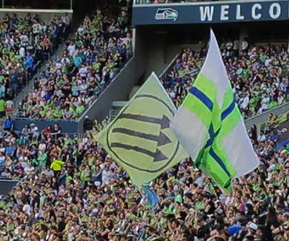 Photo of Seattle Sounders fans holding an Iron Front flag in team colors (blue and green).